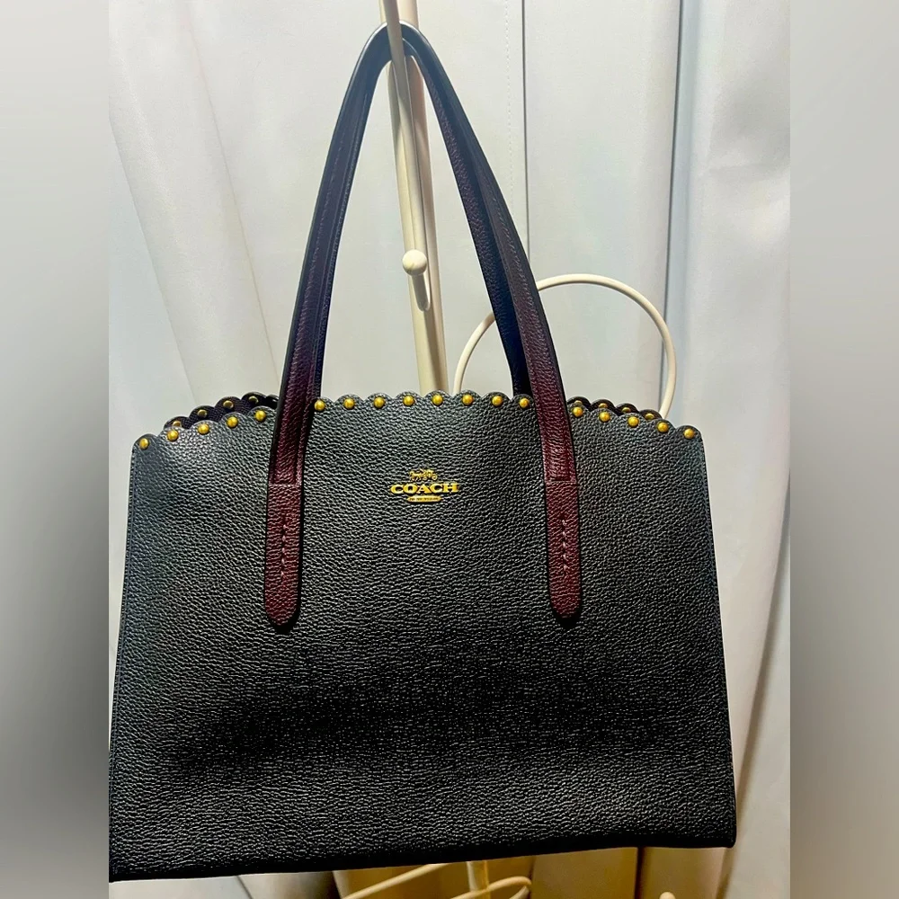 Coach Charlie Carryall Black Tote with Brown Handles and Scalloped  rivets - Picture 2 of 16